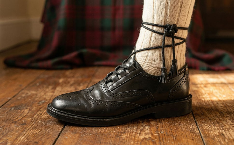 Scottish Ghillie Brogues Black Leather Kilt Shoes Wingtip Highland Dress Shoes