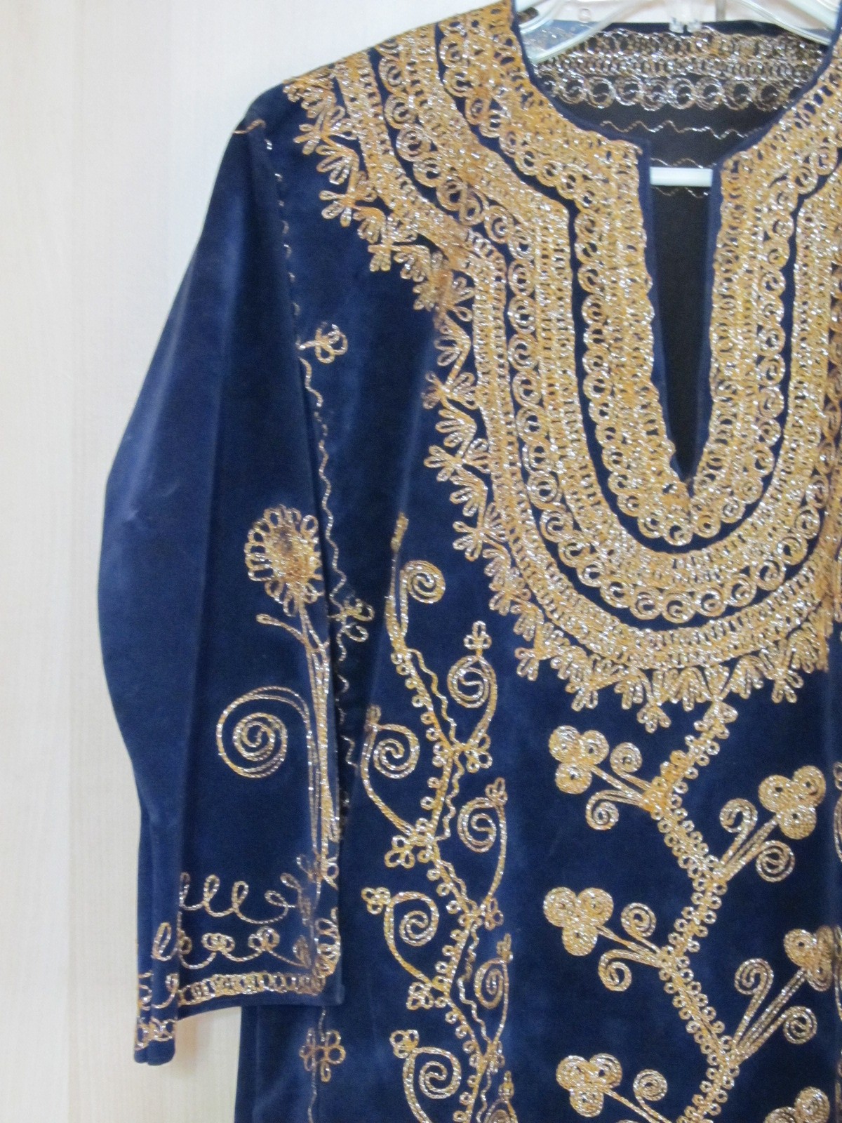 Fine Traditional Vintage Blue Velvet Gold-Silver Embroidered Folk Caftan Dress