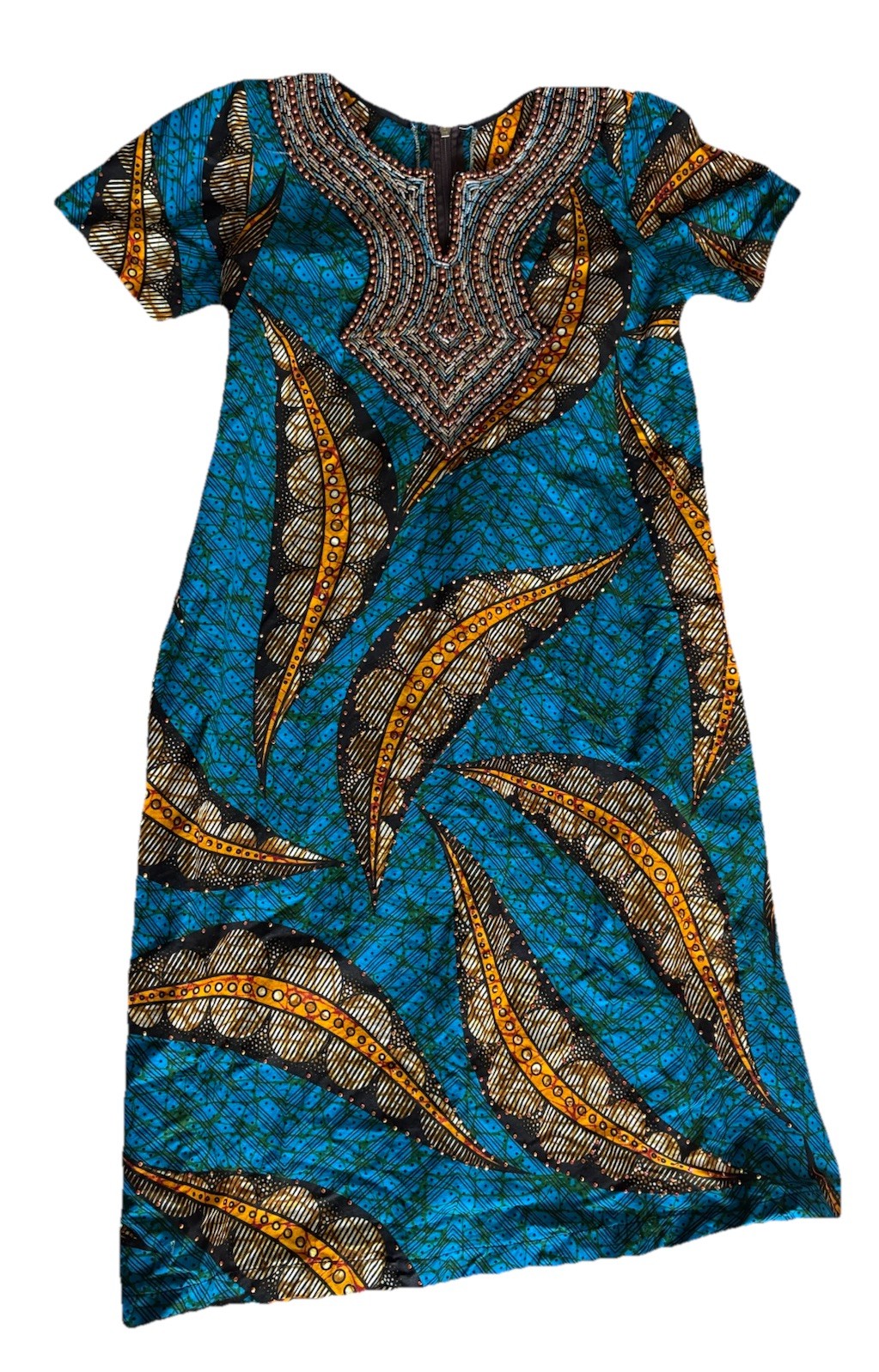 Custom Made Short Sleeve Ankara Dress Blue African Wax Print Beaded Neckline