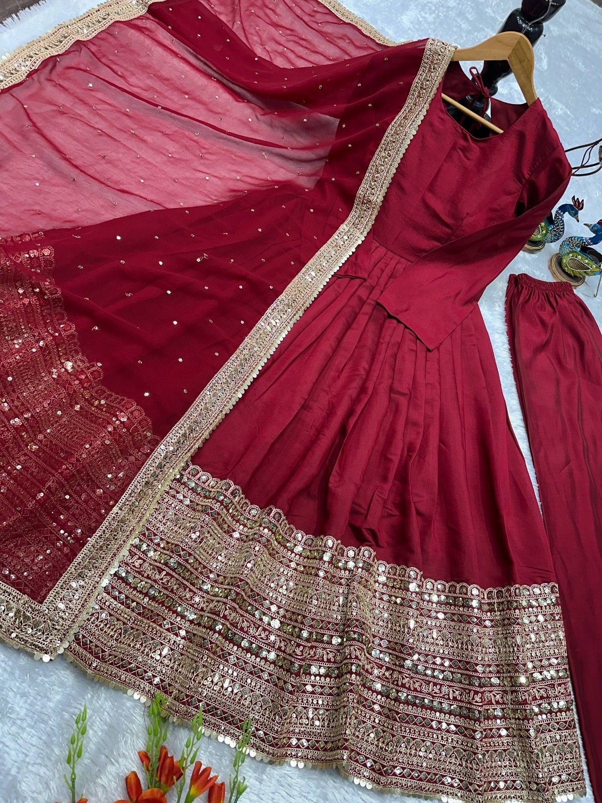Ethnic Wear Heavy Roman Silk Maroon Gown Bottom With Dupatta For Women