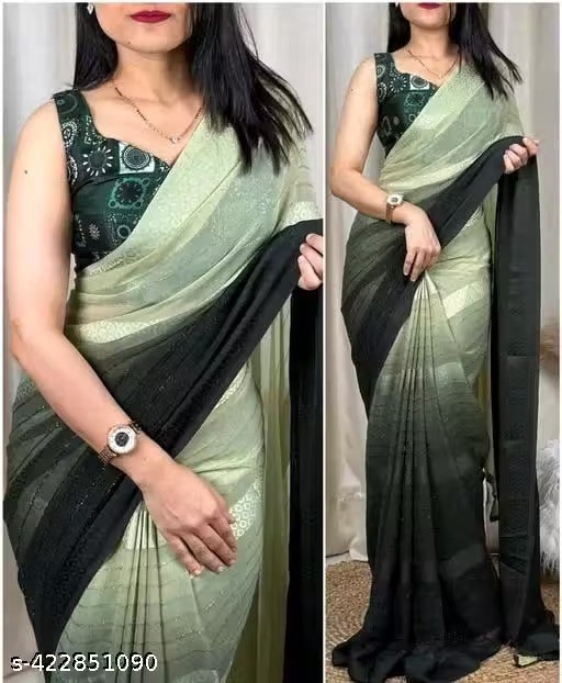 Georgette Jari Work Saree Printed With Unstitched Bloused Fashion Wedding Wear