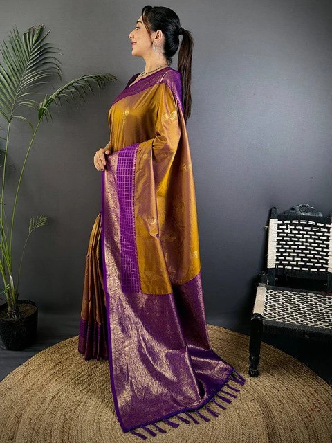 Women’s Brown Royal Soft Silk Tilak Butti Saree with Unstitched Blouse Piece
