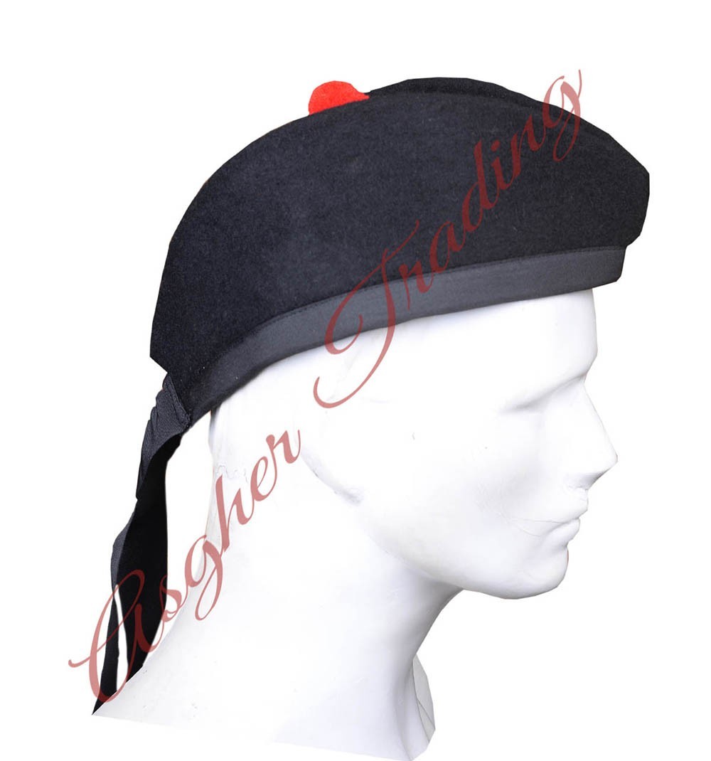 Scottish Military Traditional Kilt Cap – 100% Wool Black Glengarry Hats
