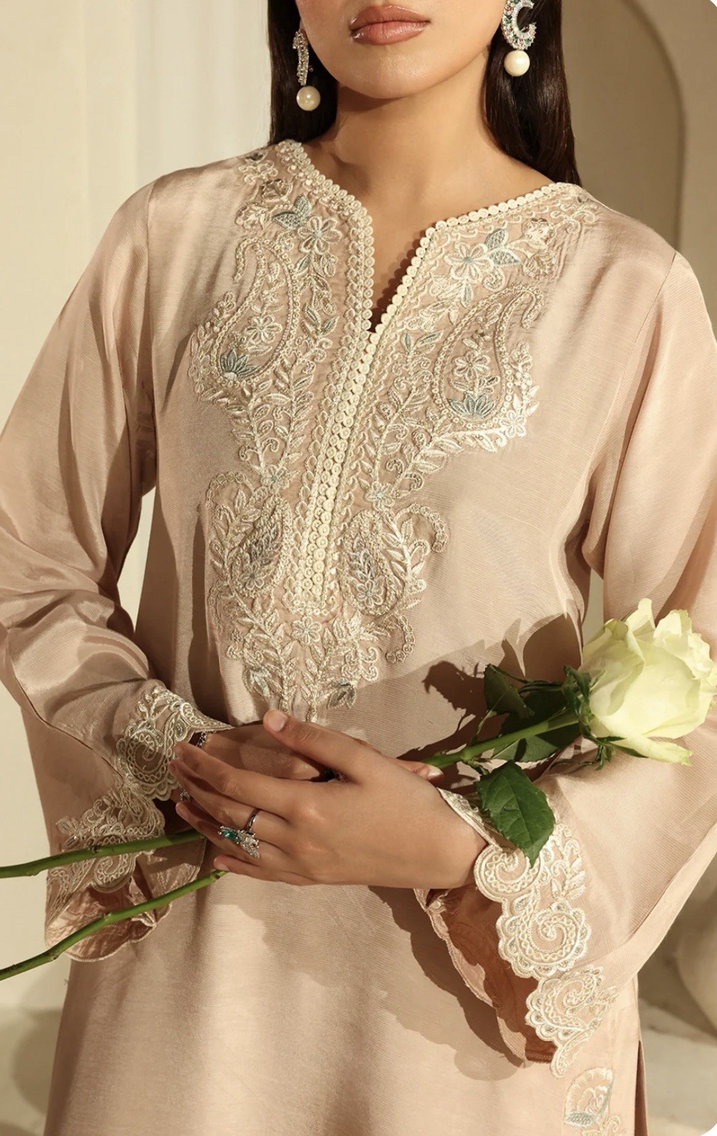Beige Embroidered Raw Silk Pakistani Formal Outfit for Women