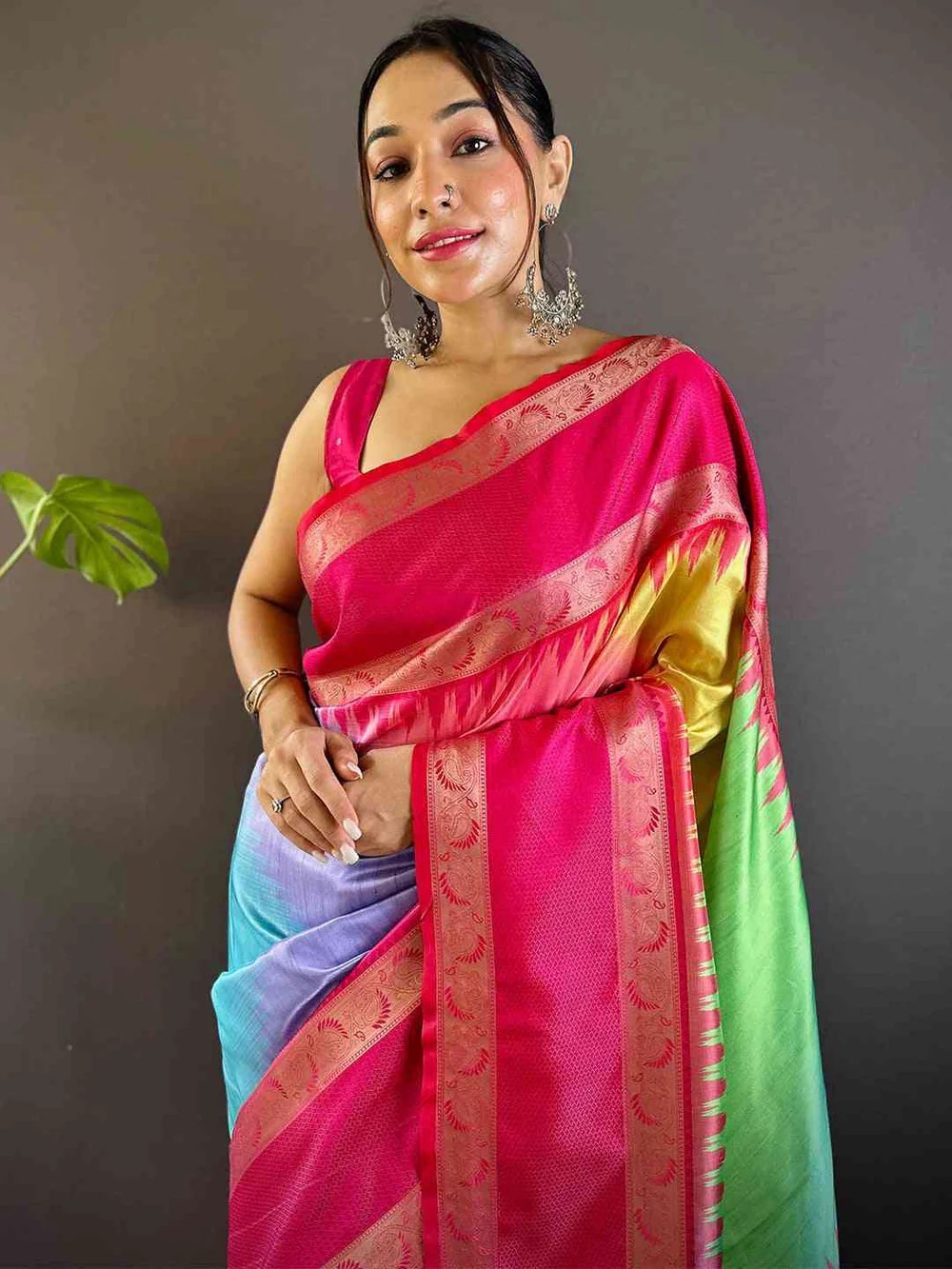 Women Rainbow Soft Silk Ikkat Saree With Blouse Unstitched Piece
