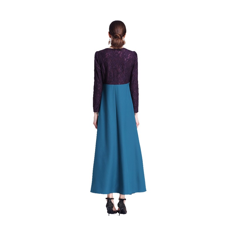 Women’s Round Neck Lace Long Sleeves Evening Dress A-Line Formal Party Gown Robe