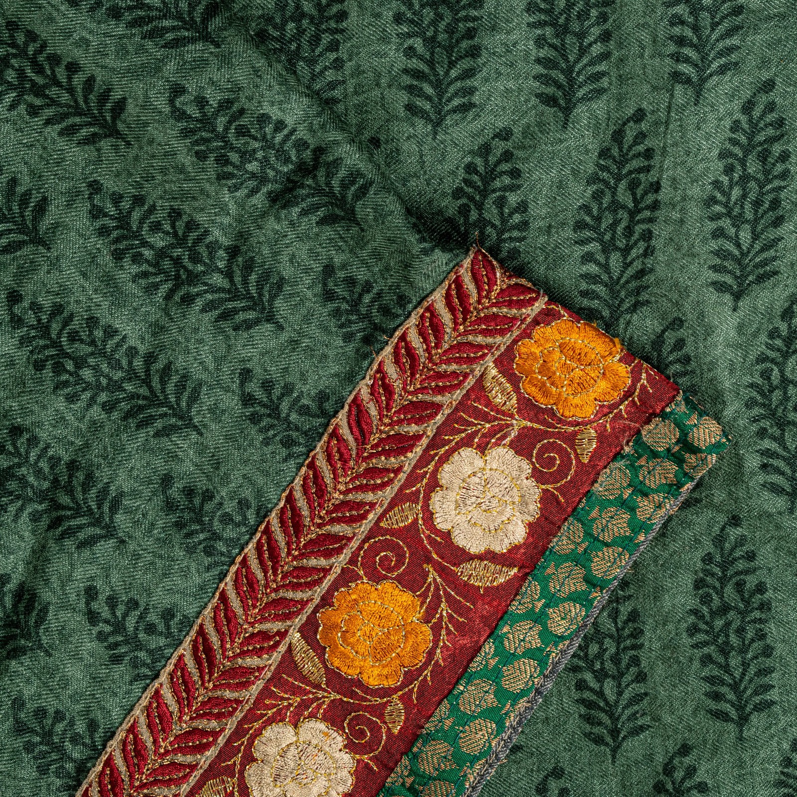 Sanskriti Vintage Soft Green Pure Woolen Saree Block Print Embroidered Sari 6+Yd
