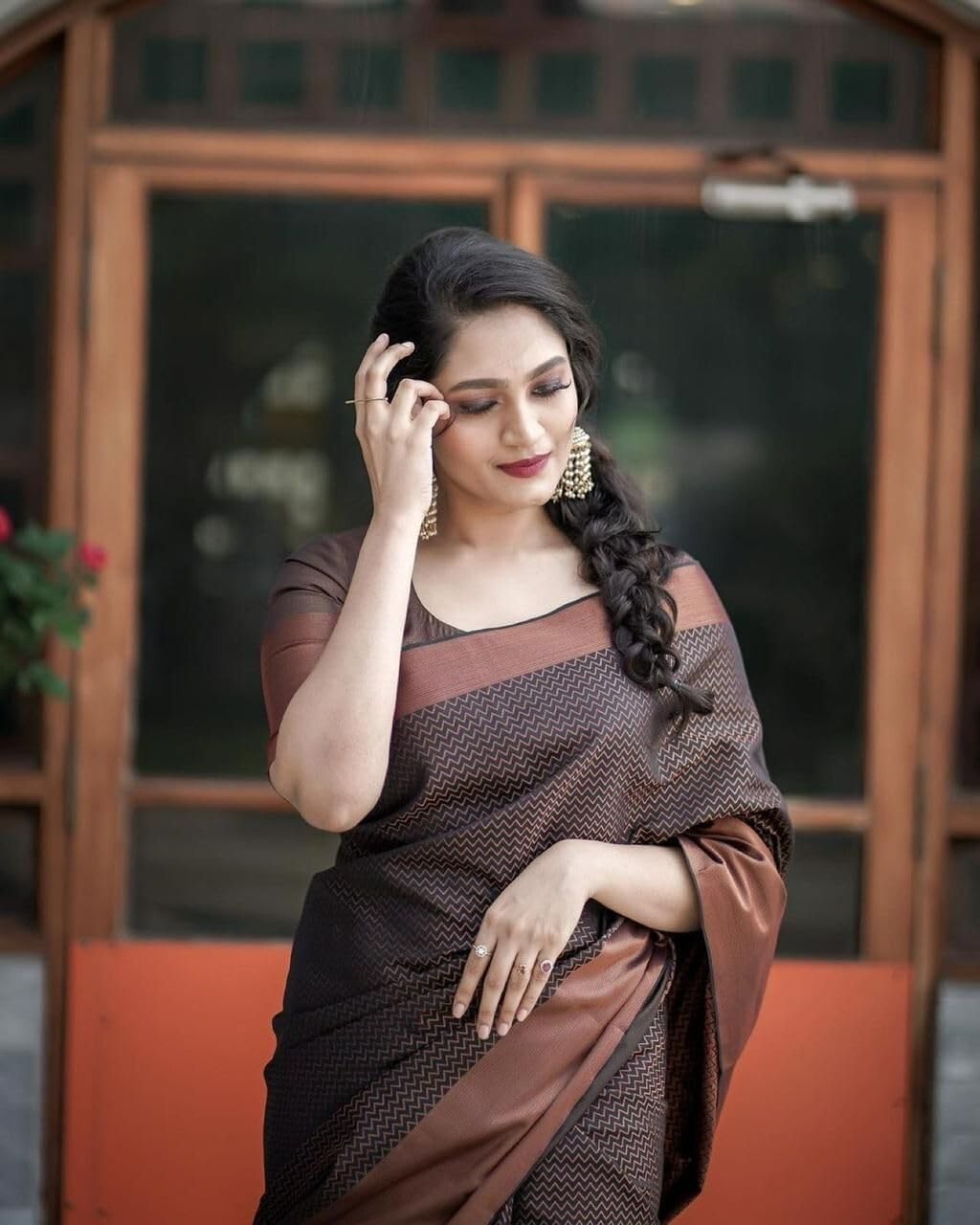 Indian Traditional Style Soft Lichi Silk Coffee Color Saree with Blouse