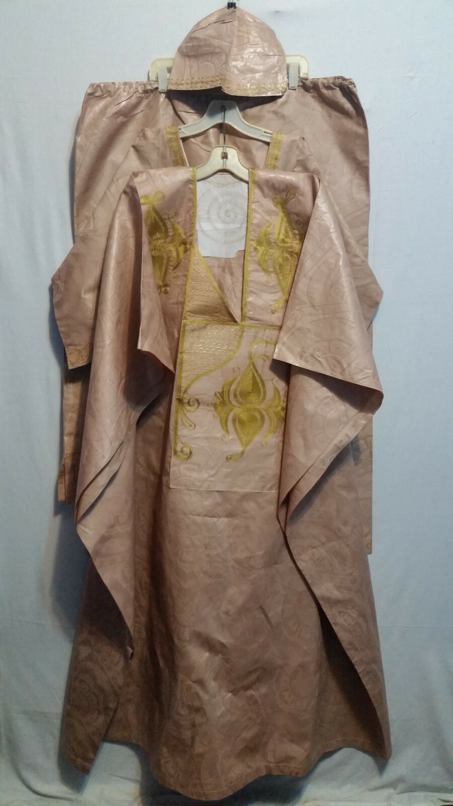 Men Grand Boubou Pant Suit w/ Hat African Brocade Beige Gold Free Size