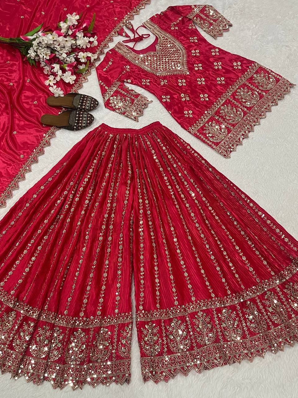 Beautiful Look Heavy Chinon Silk Pink Top Palazzo With Dupatta For Wedding Wear