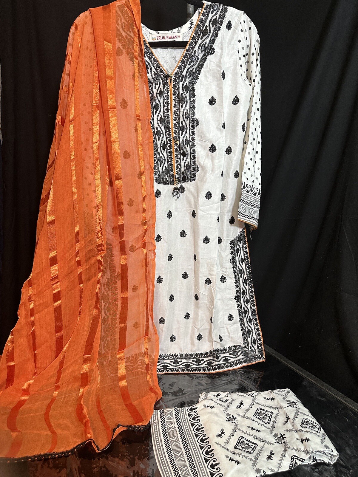 White -Beautiful Emb 3 Pc , Orange Chiffon Dupatta- Extra Small & Small – $40 FS