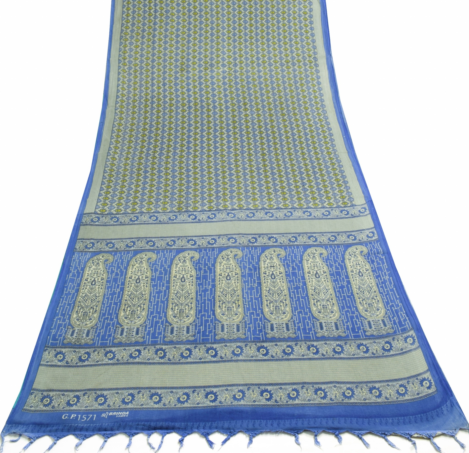 Sushila Vintage Blue Cream Floral Saree 100% Pure Cotton Printed Craft Fabric