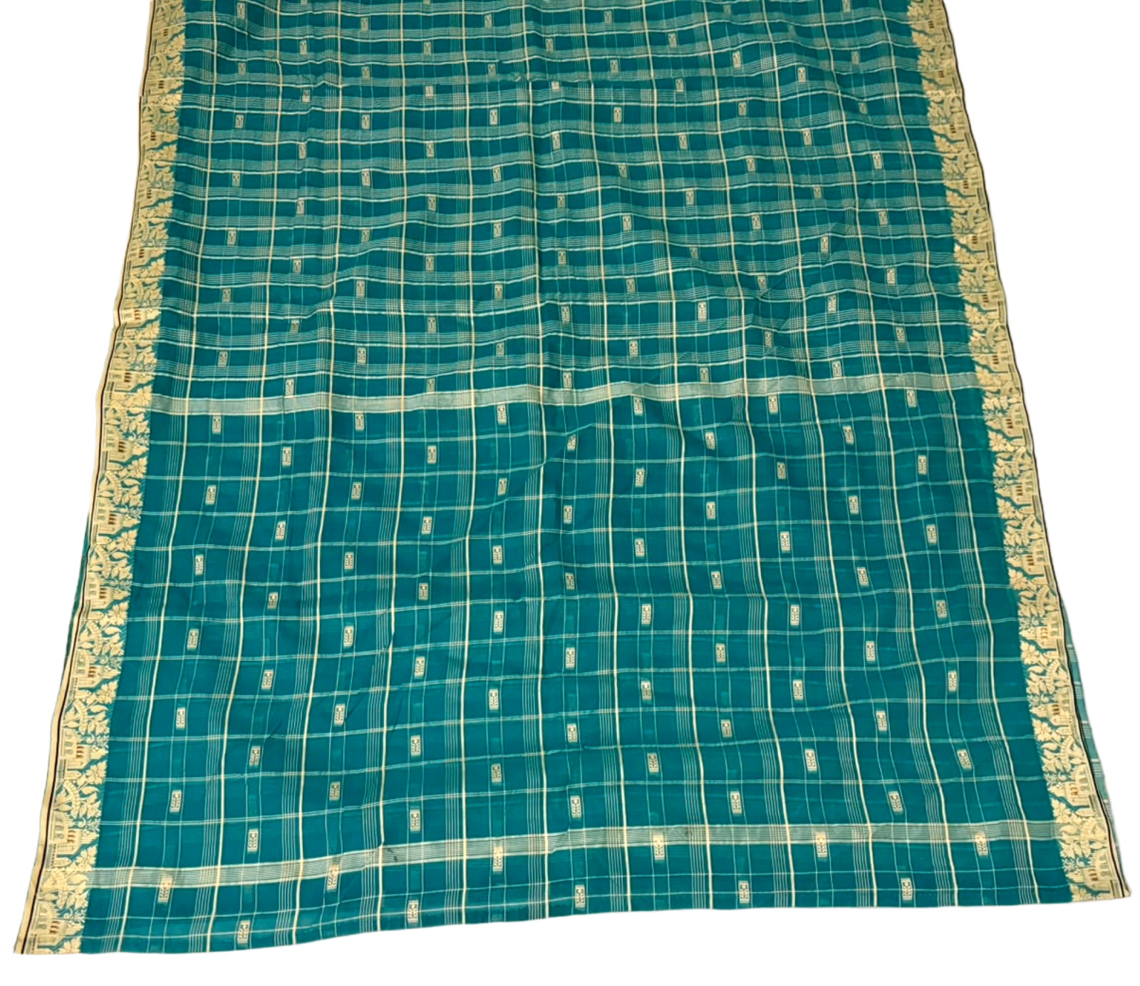 Cotton Saree Indian Green Dress Vintage Craft Fabric Checked Embroidered Sari 5Y