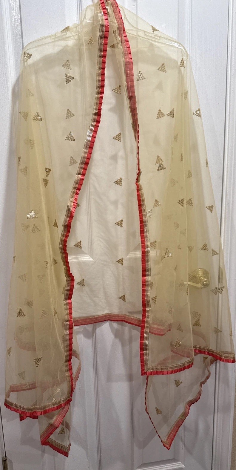 Indian Dupatta Reddish Orange Trim Gold Sheer Sequins Embroidered Scarf
