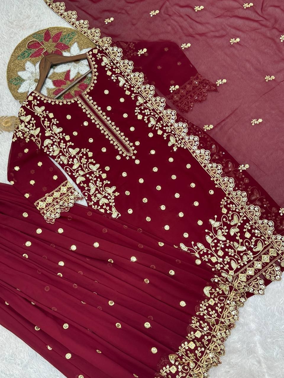 New Designer Faux Georgette Maroon Palazzo Suit With Dupatta For Function