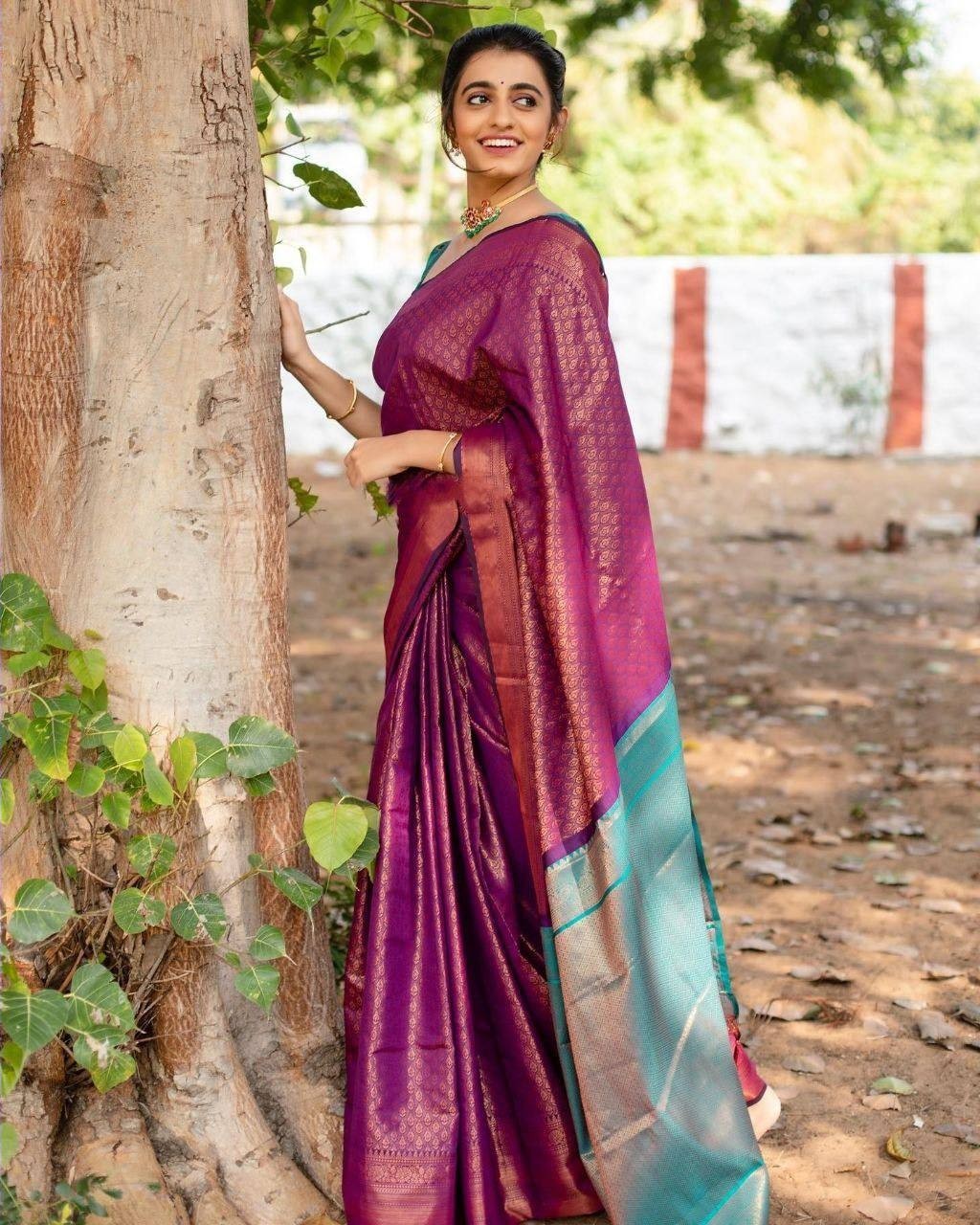 Indian Wedding Saree Soft Lichi Silk Purple Jacquard Work Saree Blouse