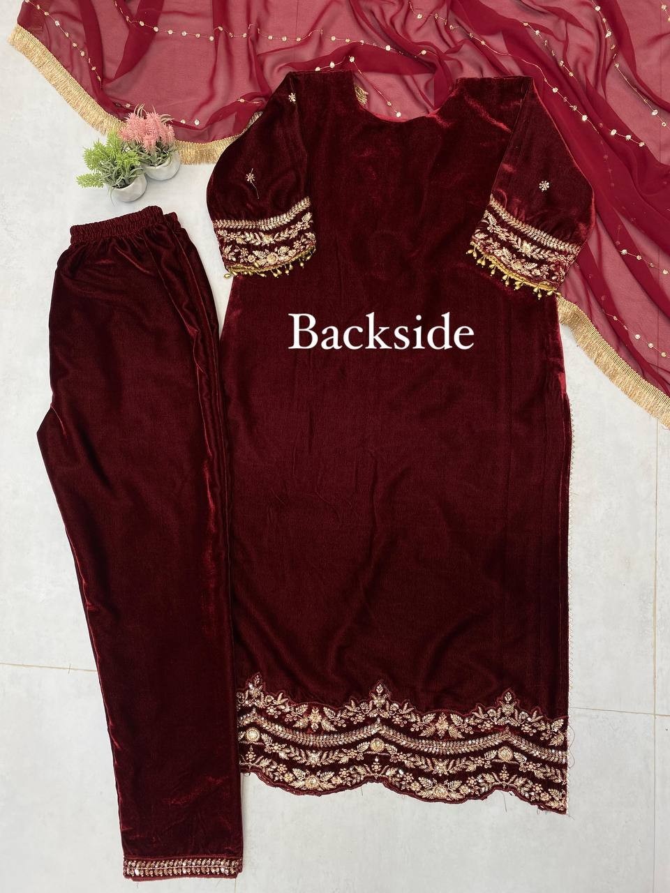 Stunning Maroon Velvet Salwar Kameez With Dupatta For Traditional Wear