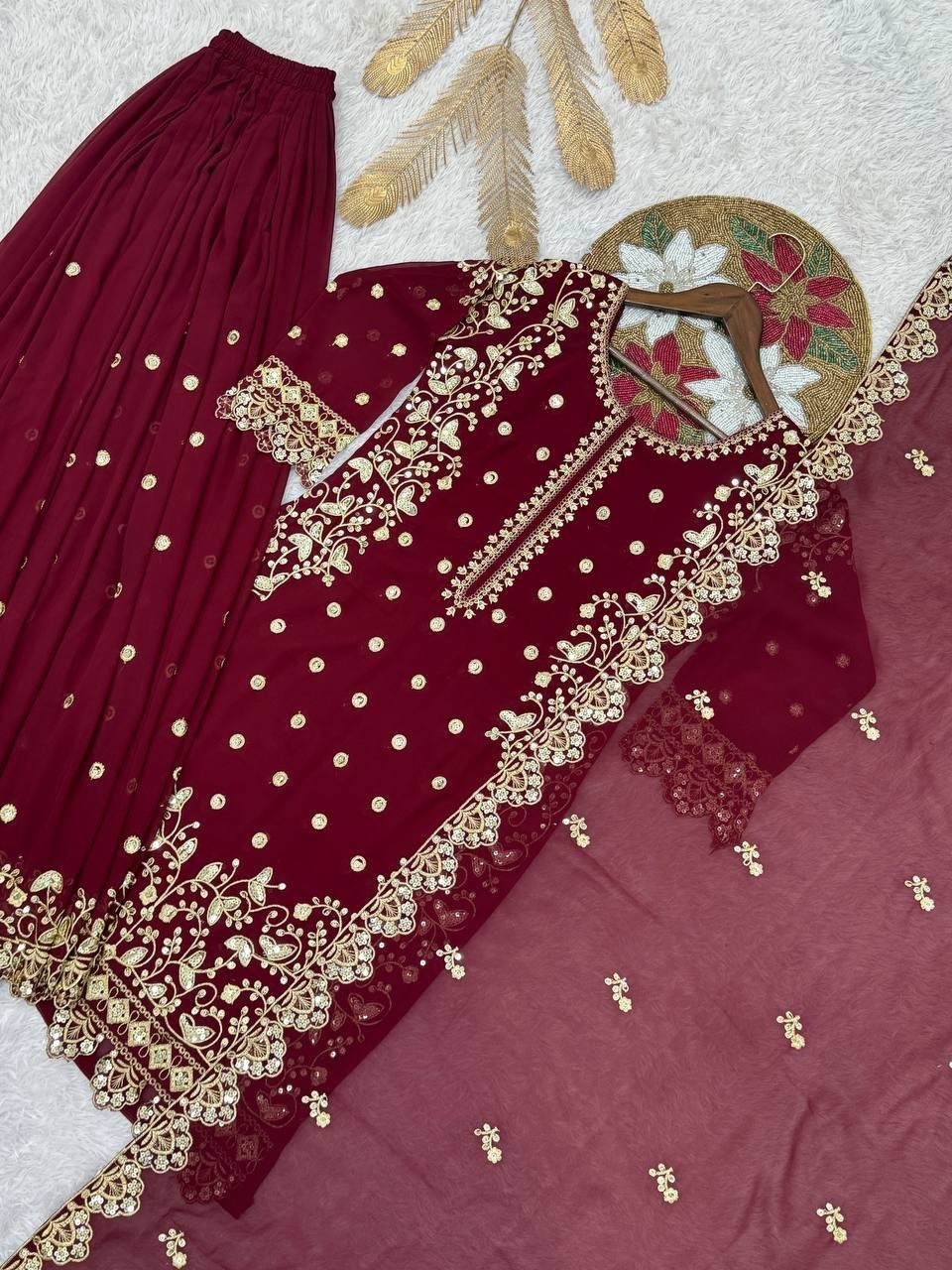New Designer Faux Georgette Maroon Palazzo Suit With Dupatta For Function
