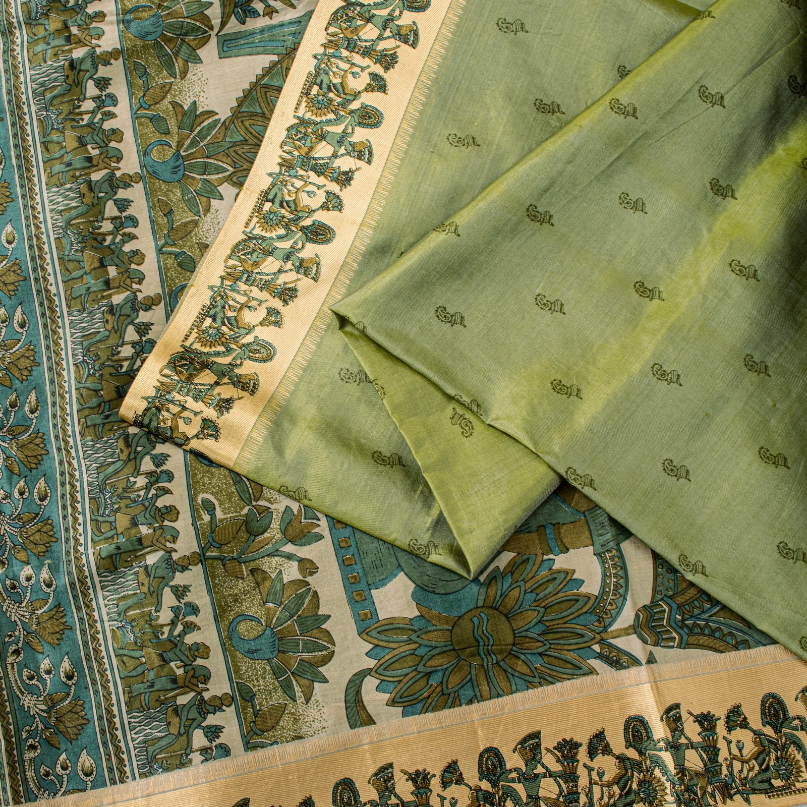 Sanskriti Vintage Sari Green Soft Pure Silk Kalamakari Digital Print Saree 5.5Yd