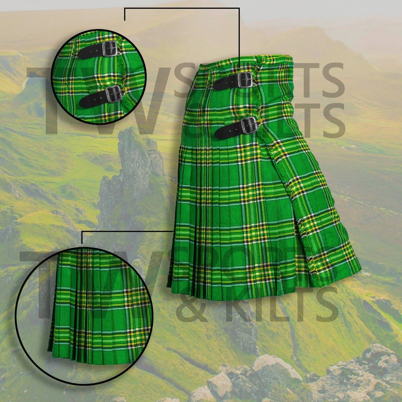 Scottish Men’s Outfit Irish Green Tartan Kilt Set – 10 Pieces Kilt Accessories