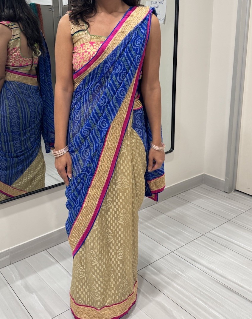 Blue Beige Pink Gold Border Traditional Indian Sari Saree for Women One Size