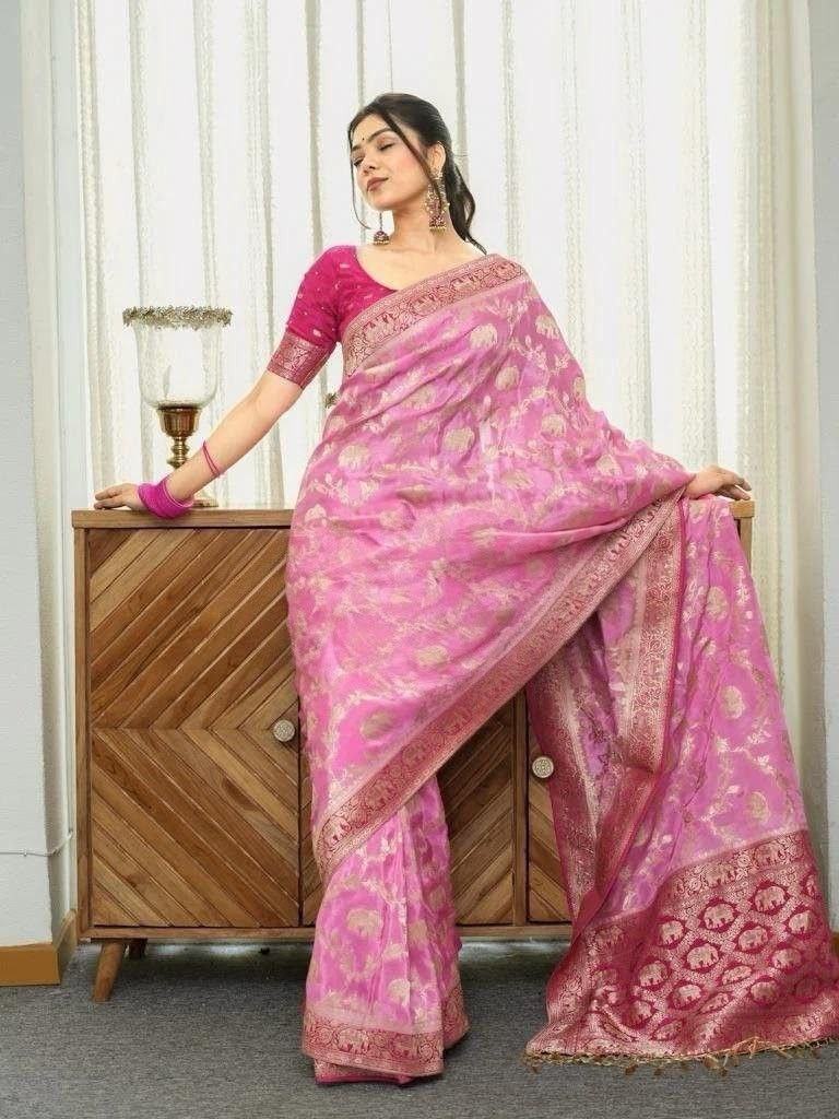 BANARASI SOFT SILK SAREE WITH BLOUSE INDIAN WEDDING PARTY WEAR SARI