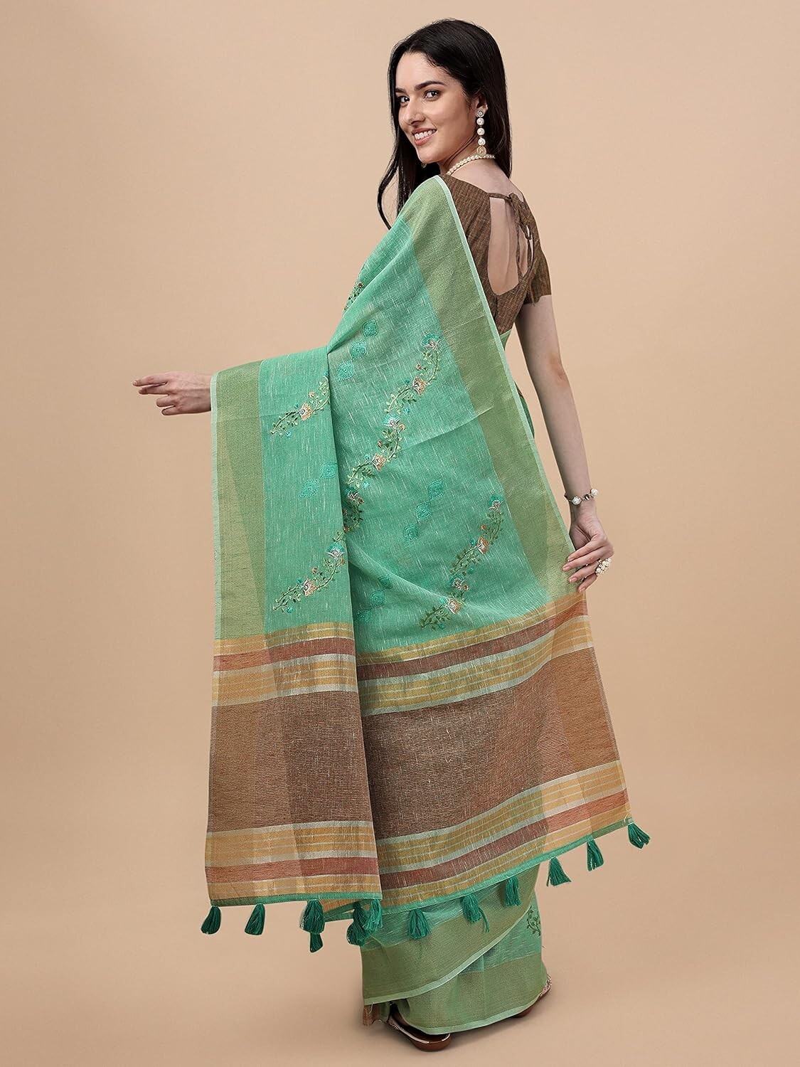 Women Pure Linen Woven Zari Work With Sequence Work saree With Unstitched Blouse