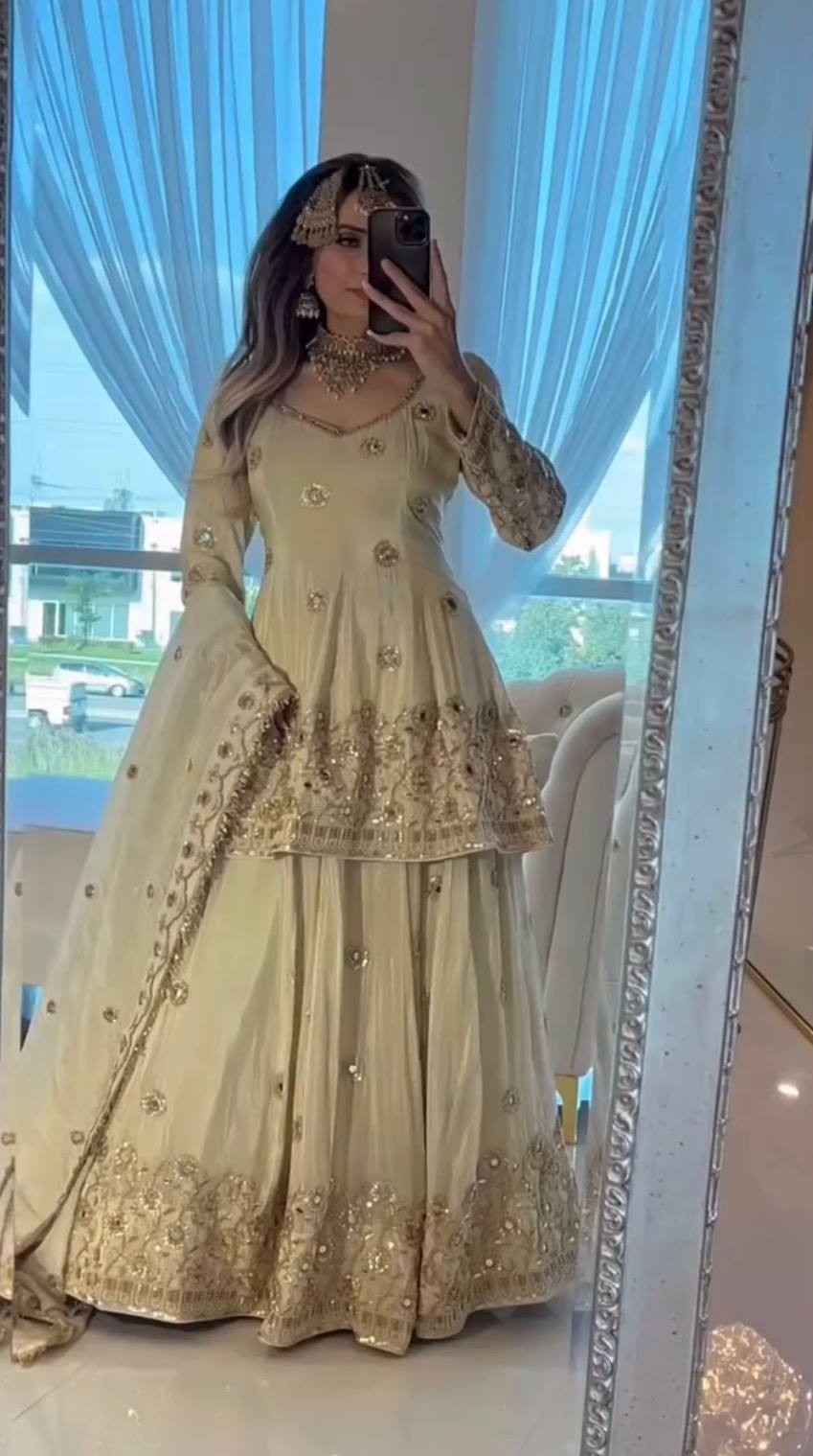 Ethnic Designer Off White Chinnon Silk Top Lehenga With Dupatta For Women