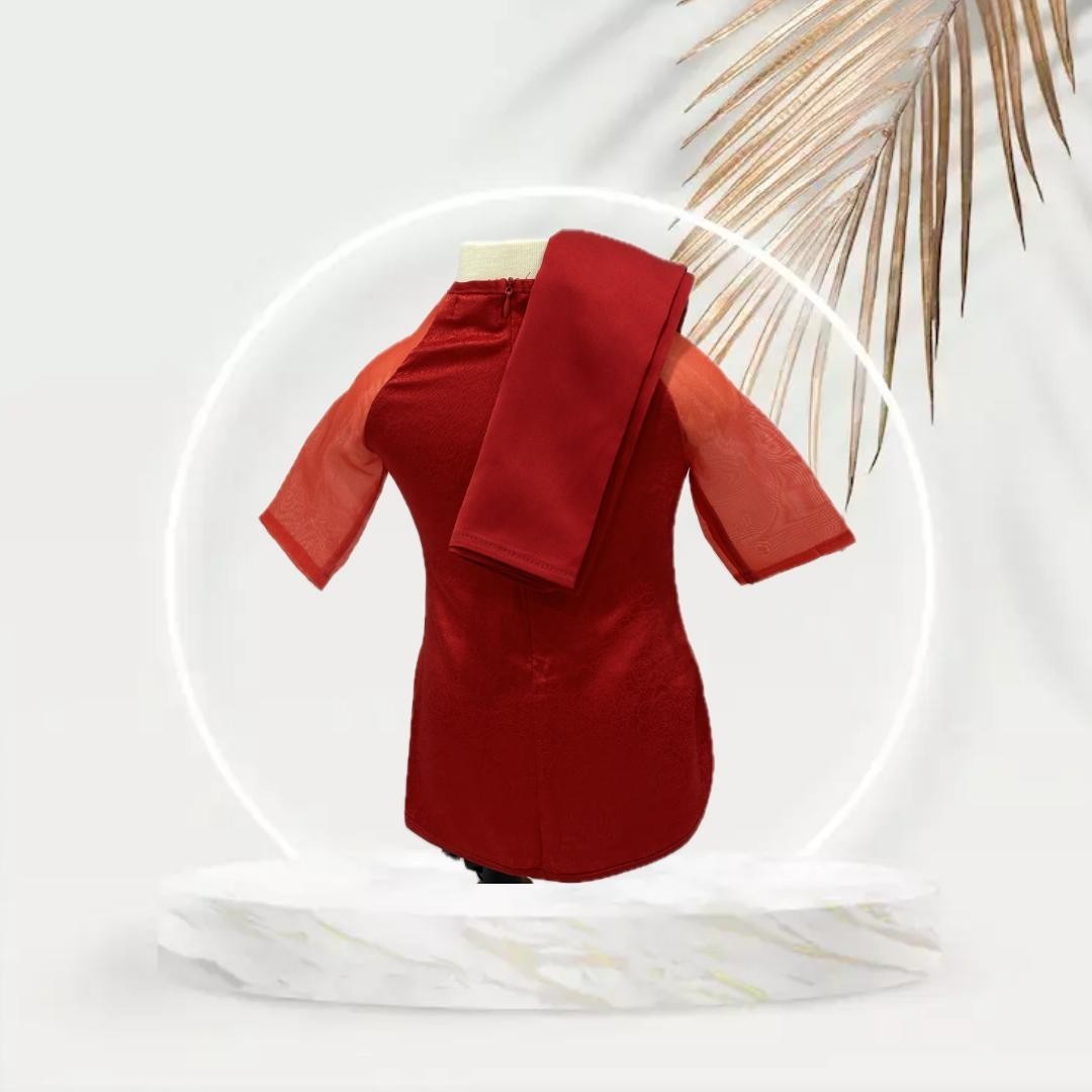 Red Vietnamese Traditional Ao Dai/Ao Ba Ba with Red Pants for Girl. Complete Set