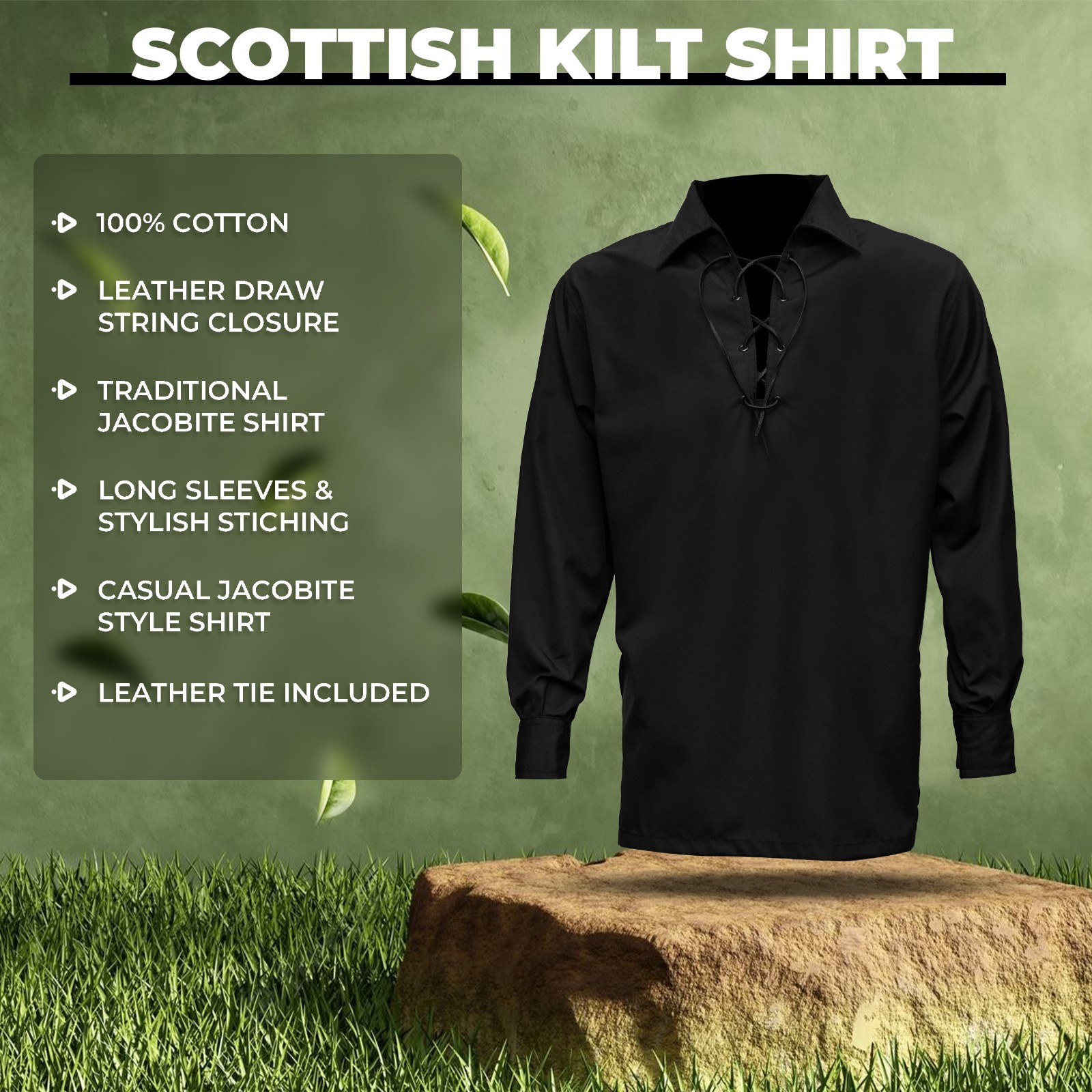 HIGHLAND REDSTONE Jacobite Shirt for Men Scottish Ghillie Kilt Shirt Long Sleeve