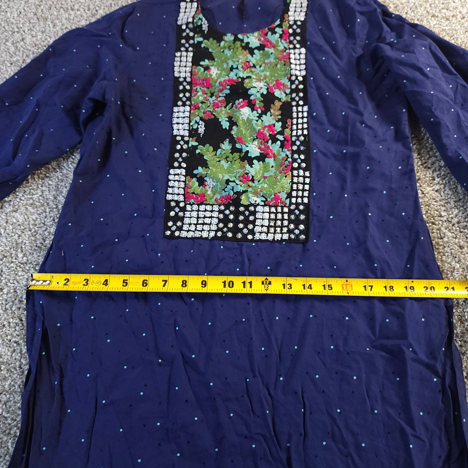 Aarong Womens 40 Large Blue Embroidered Kurta Tunic Round Neck 3/4 Sleeve Boho