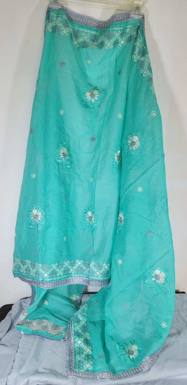 Vintage Aqua, Lavender And White Embroidered Indian Sari