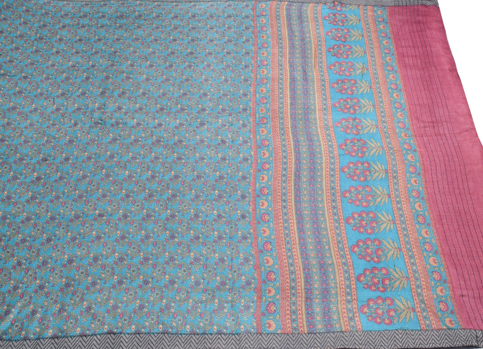 Sushila Vintage Teal Blue Saree Pure Woolen Floral Printed Soft 4YD Sari Fabric