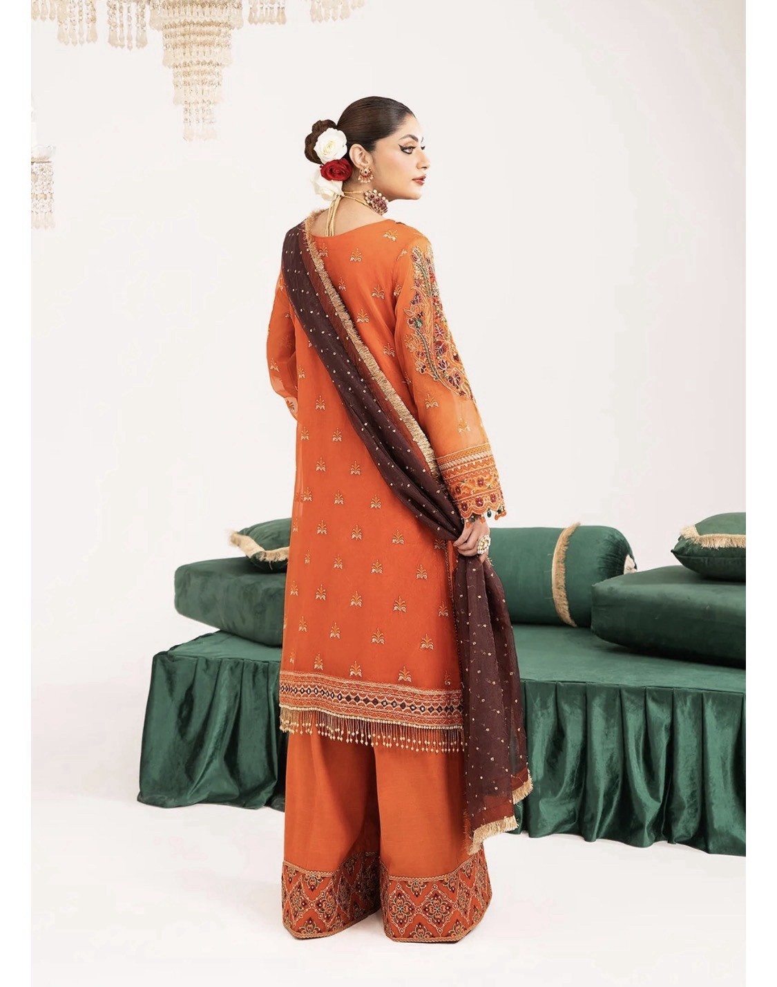 pakistani Stunning embroidered 3 Piece Orange Party Outfit Size Medium