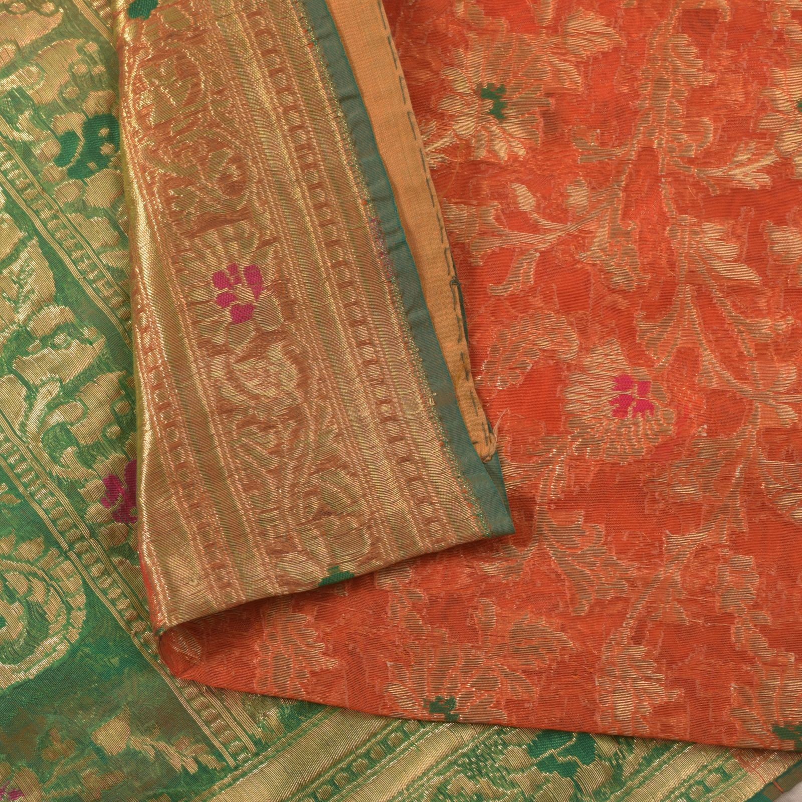 Sanskriti Vintage Orange Pure Silk Saree Banarasi Brocade Zari Hand-Woven 5+Yd