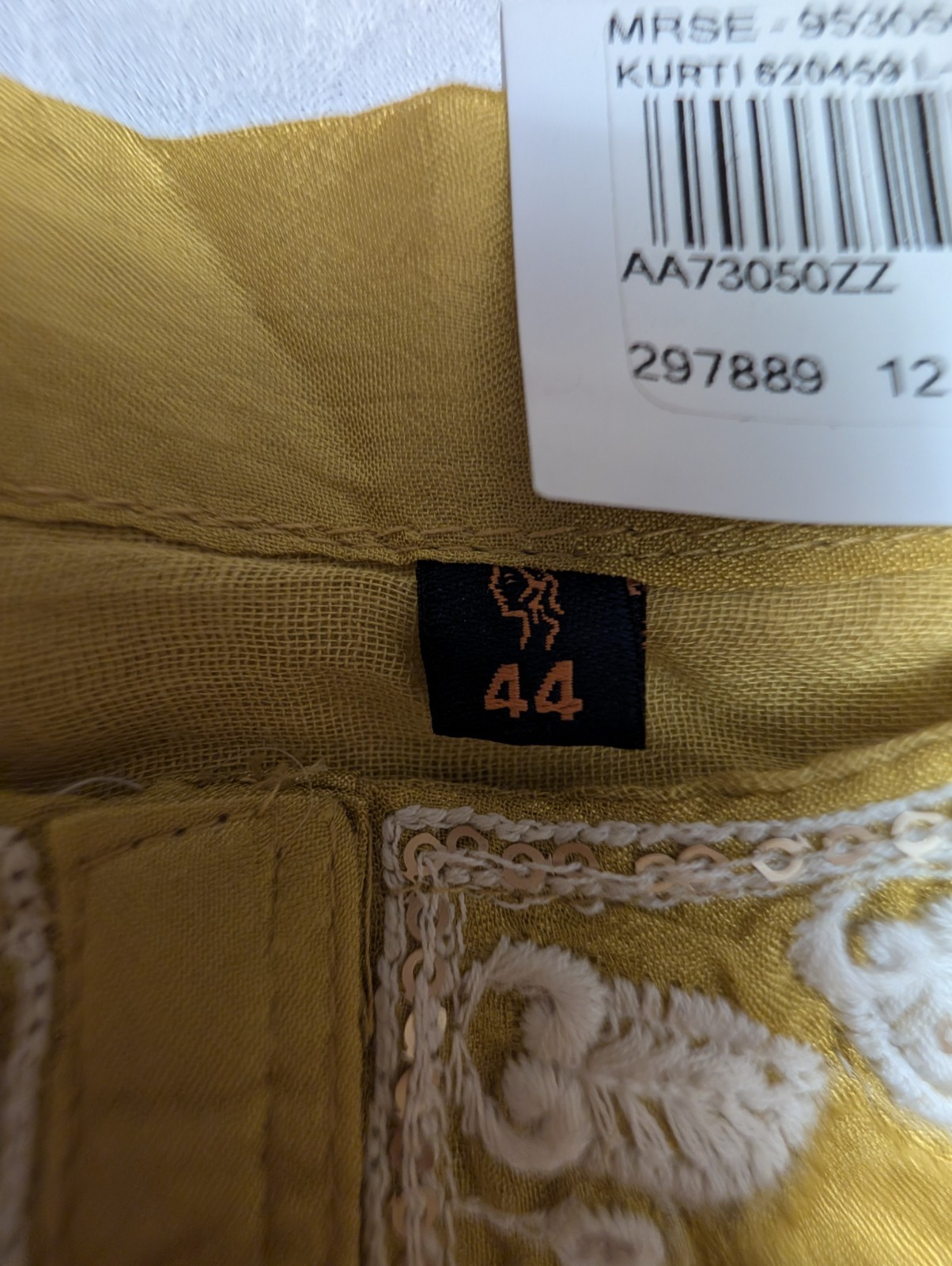 Mustard Yellow Embroidered Kurta Dress Boho Indian Tunic Size 44