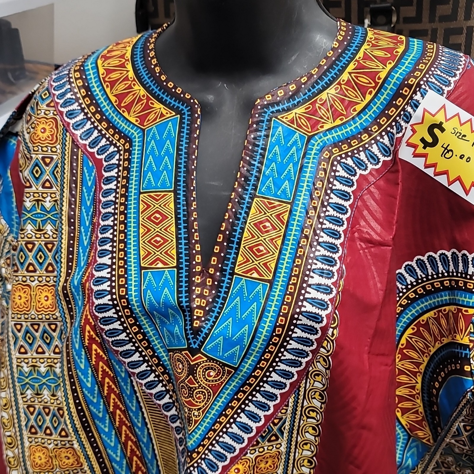 Handmade African Dashiki Shirt Blue Red Yellow Black Medium