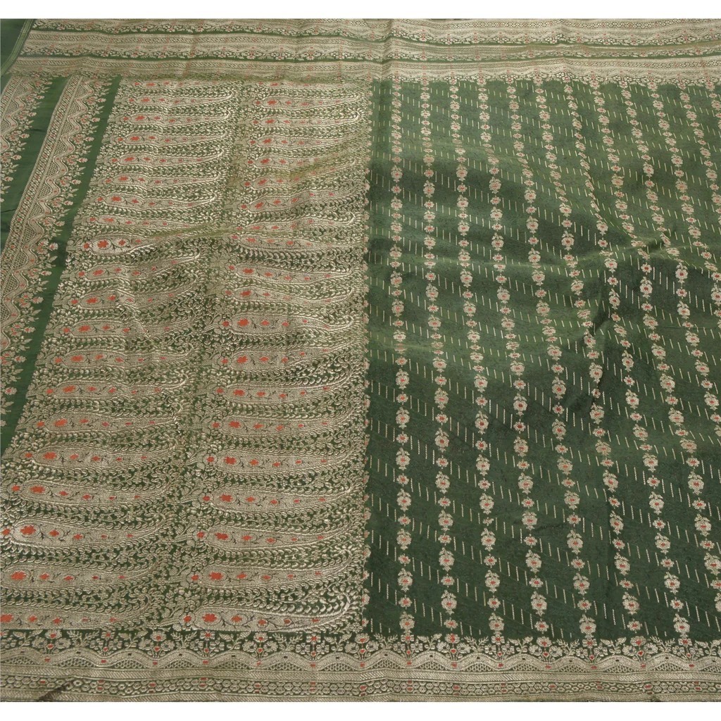 Sanskriti Vintage Green Heavy Sarees Art Silk Banarasi Brocade Fabric Zari Sari