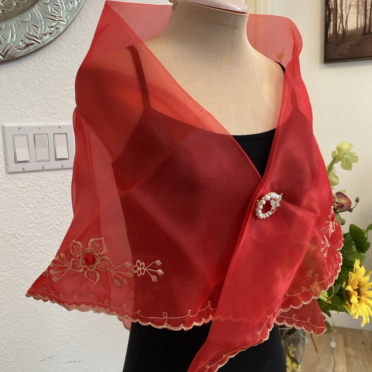 Filipiniana Red Embroidered Organza Shawl with Decorative Brooch