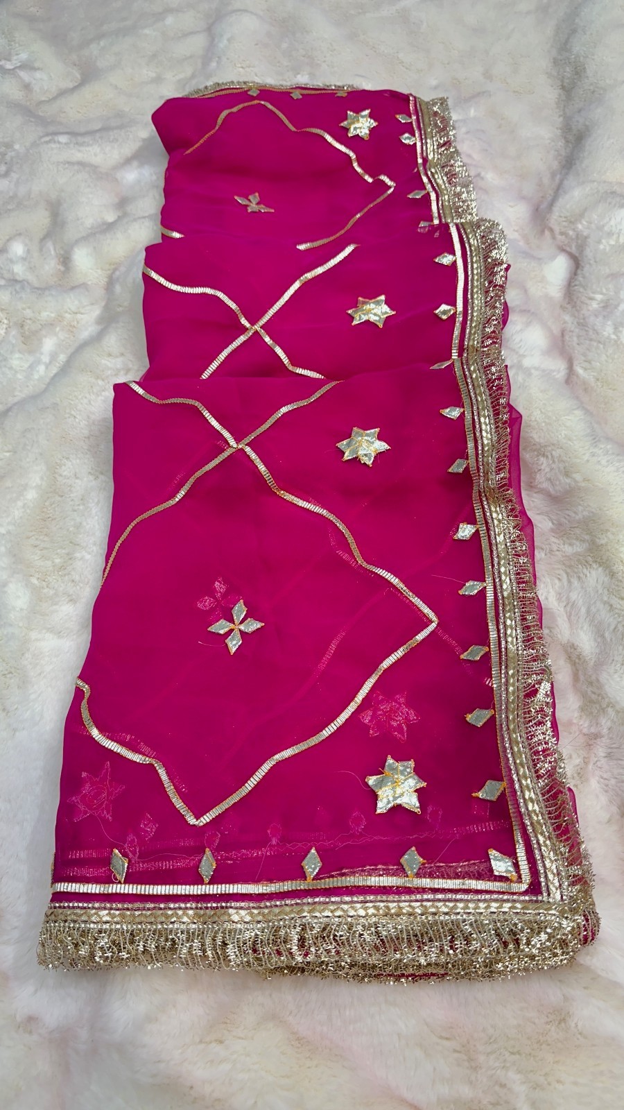 Women Pink Georgette Saree with Traditional Kaccha Gotta Work Unstitched Blouse