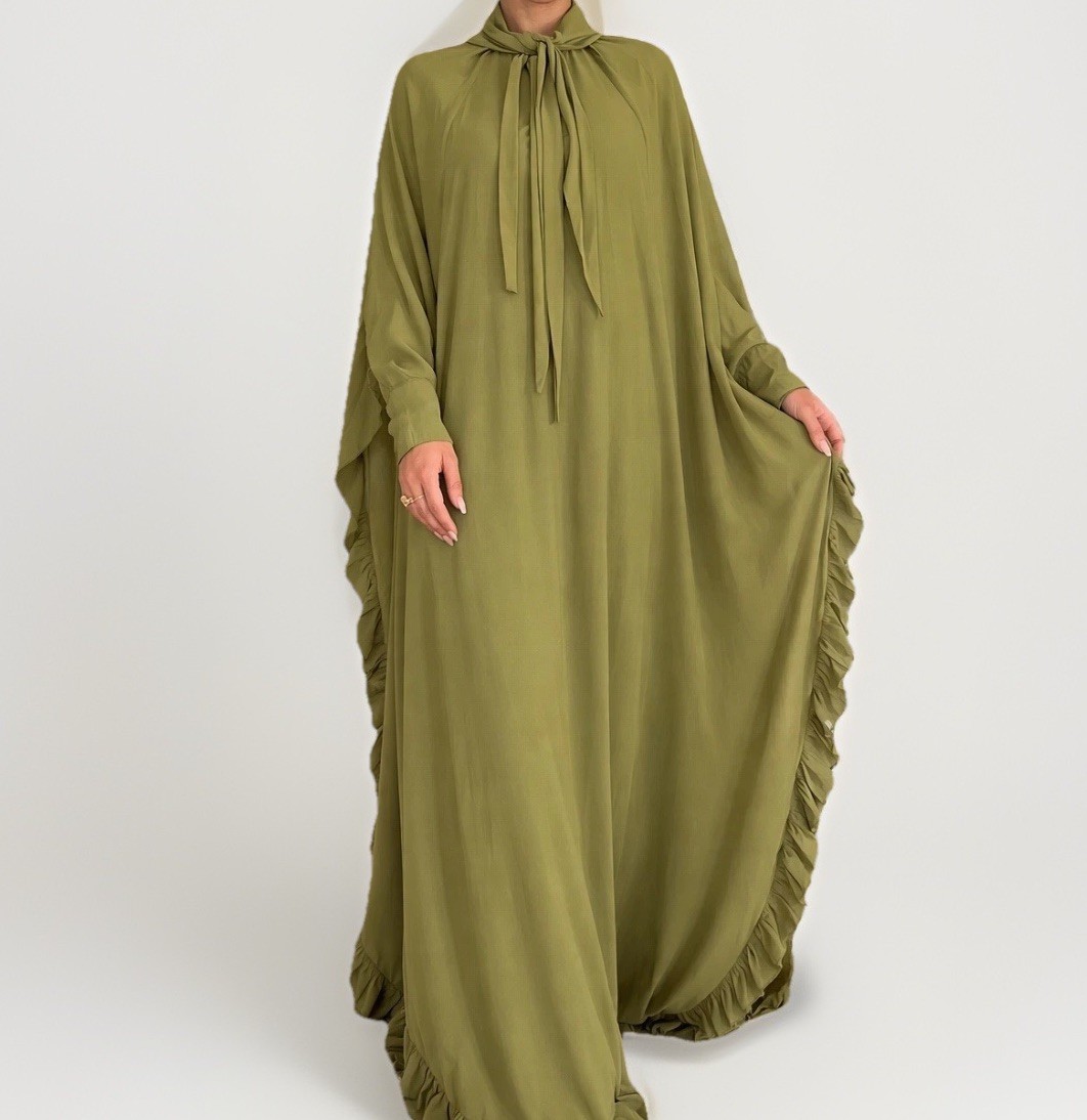 Bazar Al Haya Abaya Olive Green Ruffle Hem Modest Kaftan Dress Women S Prayer