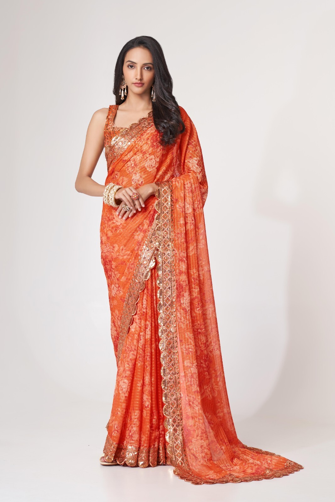 Orange Color Organza Saree With Fancy Blouse And Sequence Work For Women Wear