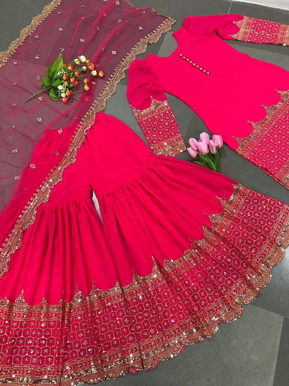 PARTY WEAR PINK HEAVY FAUX GEORGETTE TOP SHARARA WITH NET DUPATTA FOR WOMEN