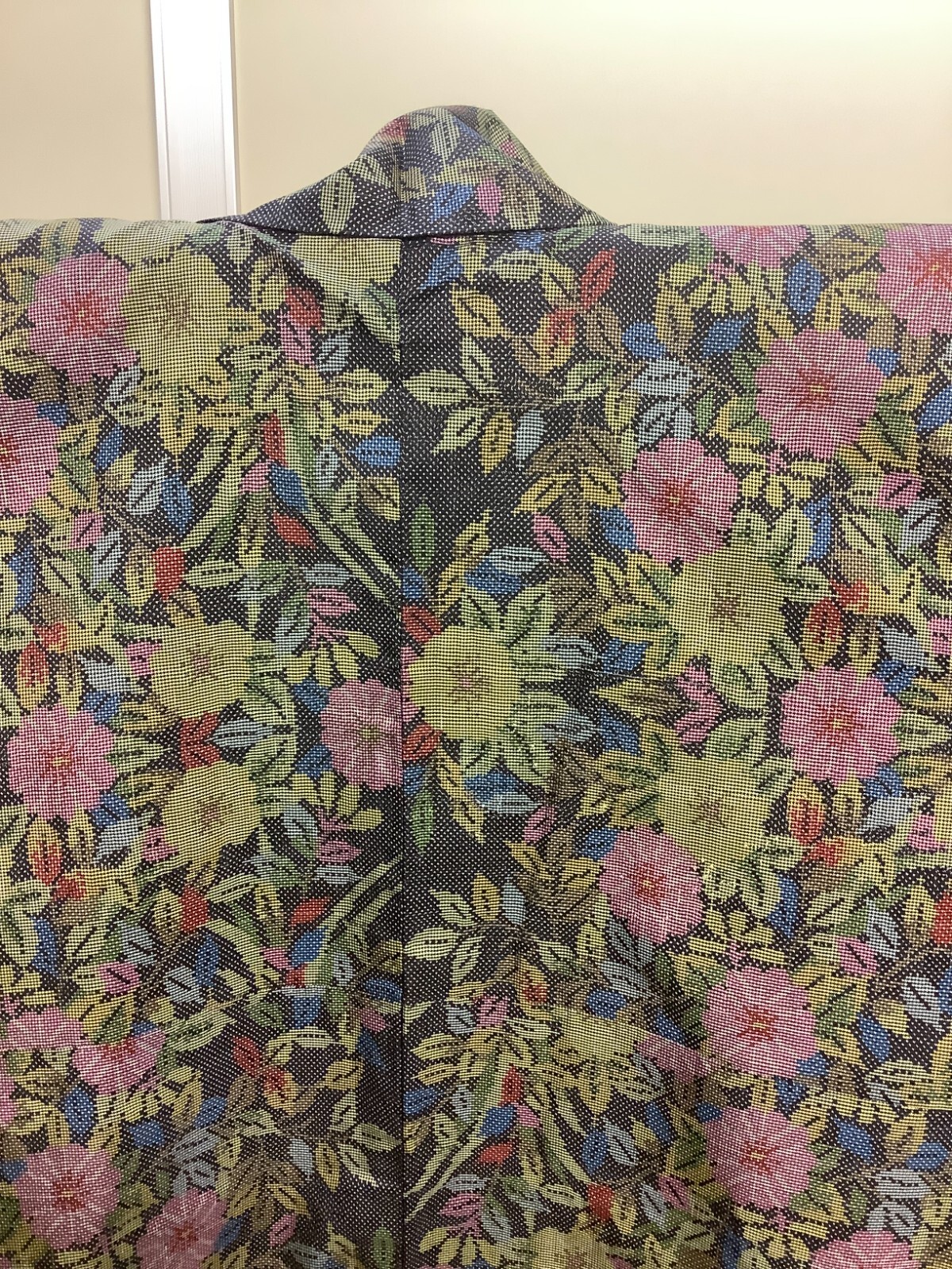 Japanese Vintage Kimono Polyester Black Flower Expensive Dirt Height 59.05in