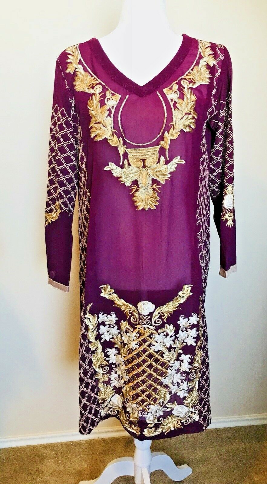 Women Formal Party Kurta Heavy Golden Embroidery Sz L Deep Mauve Color