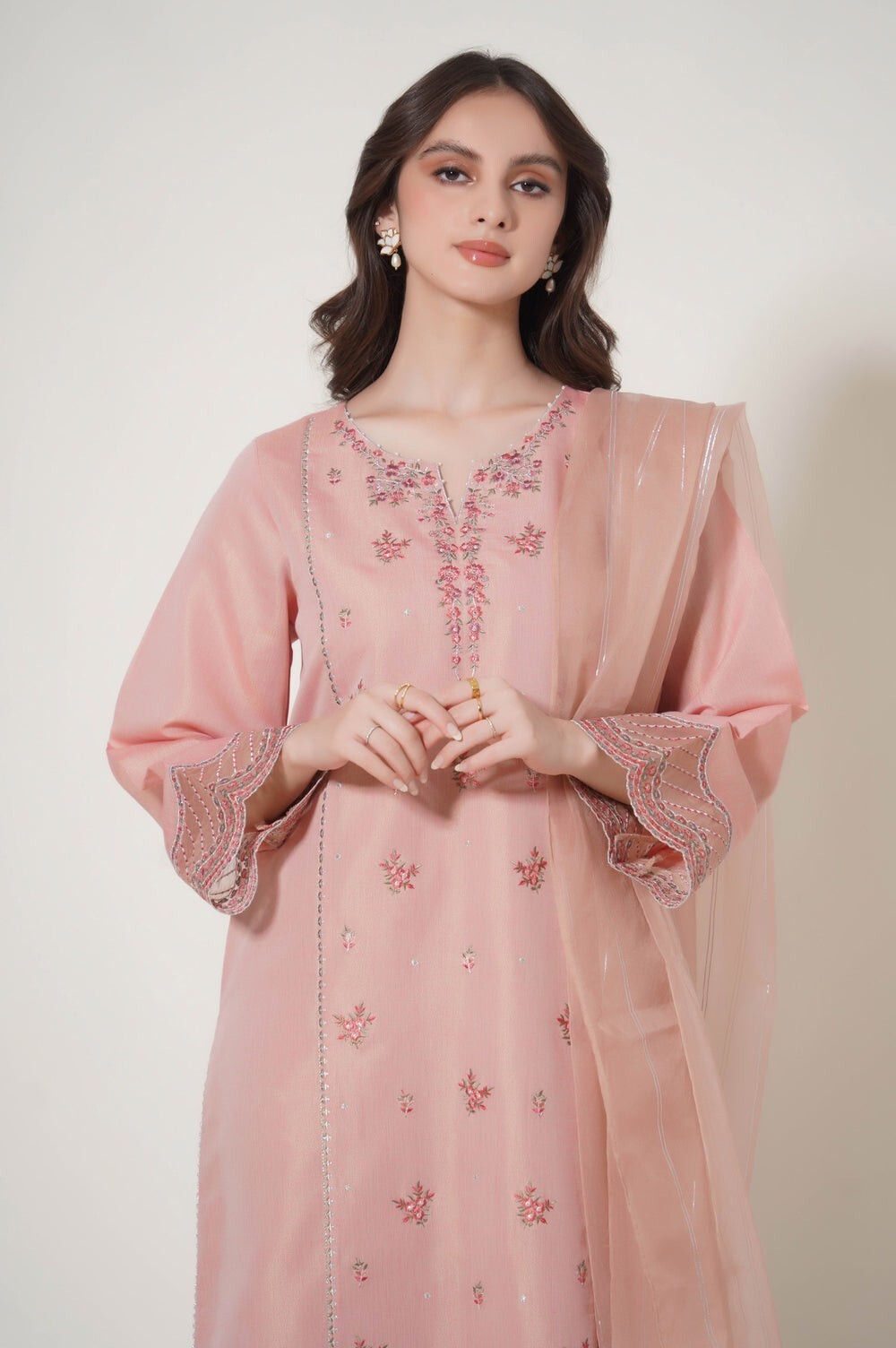 Pakistani stitched embroidered 3pc shalwar kameez peach color cotton mysuri suit