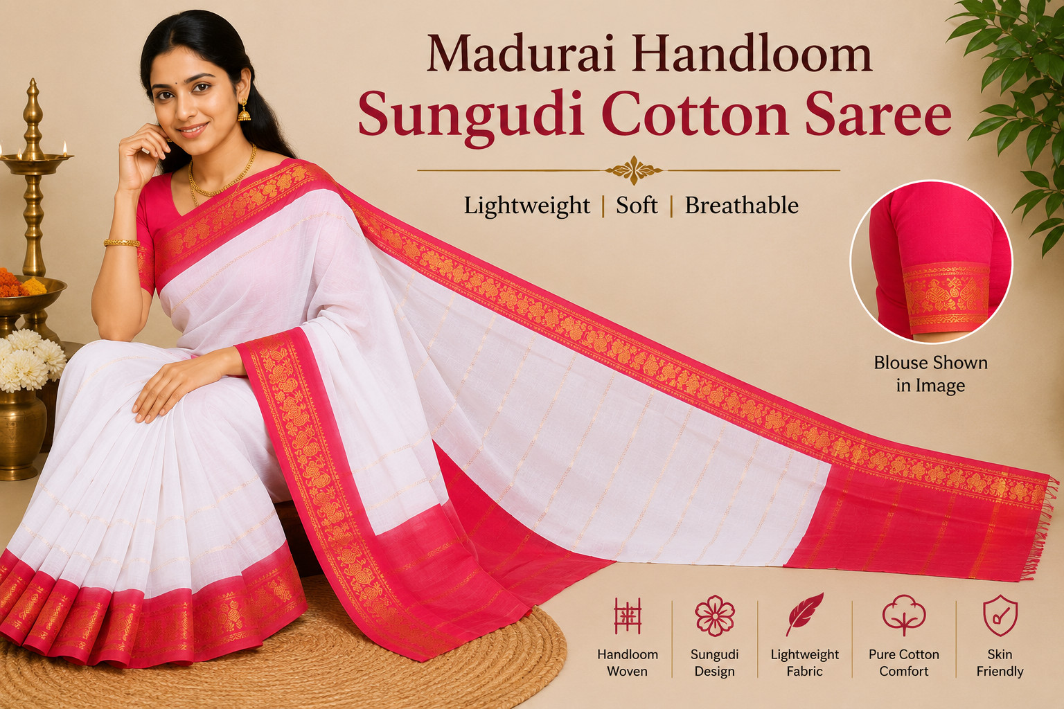 Madurai Handloom Sungudi Cotton Saree White RedTraditional Indian Sari