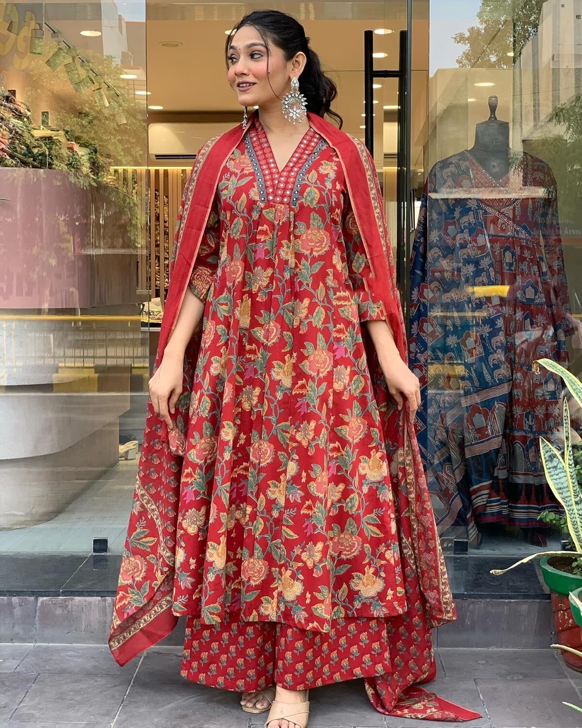 Women’s Rayon Blend Anarkali Printed Kurta with Palazzo & Dupatta