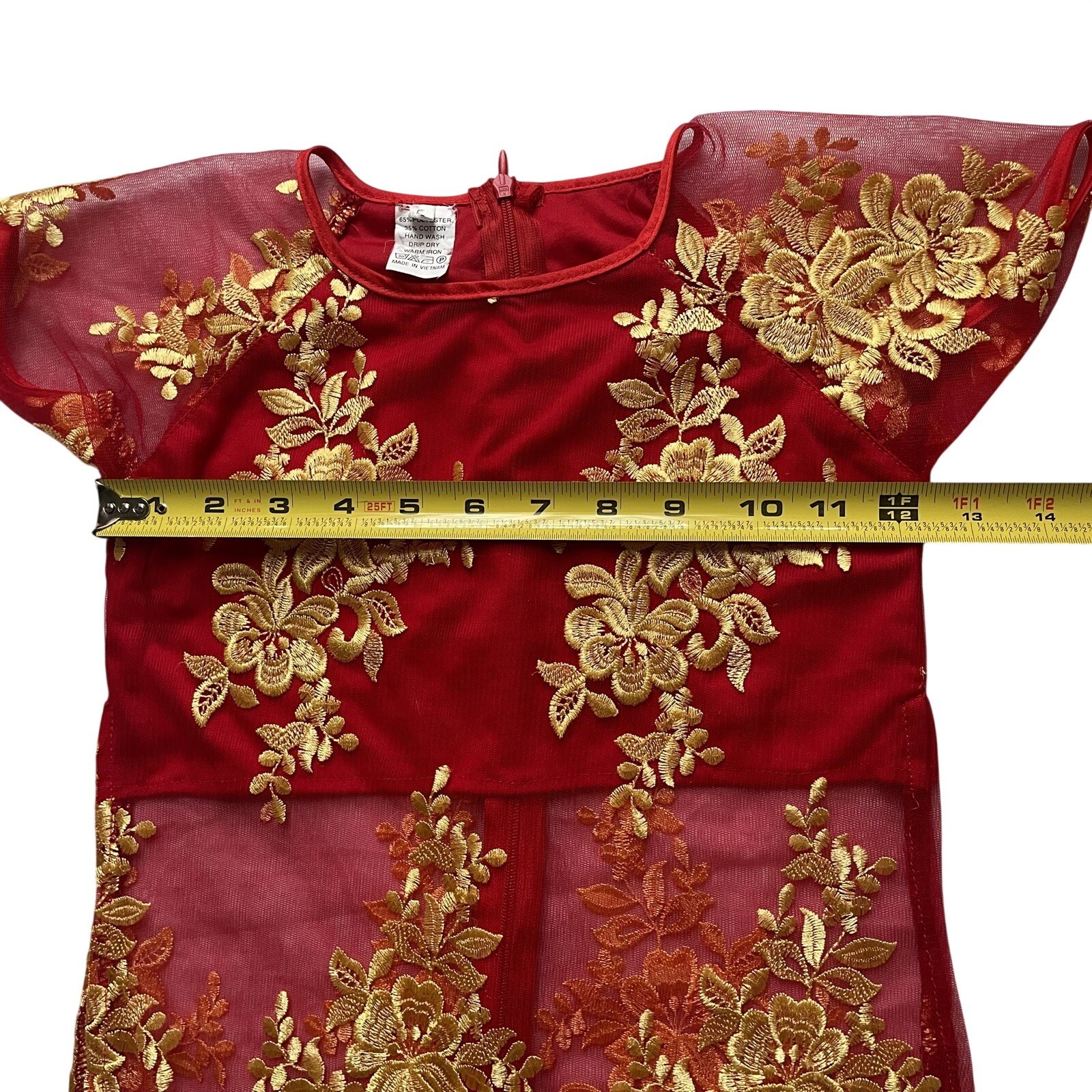 Traditional Vietnamese Red Dress with Gold Floral Embroidery, 5