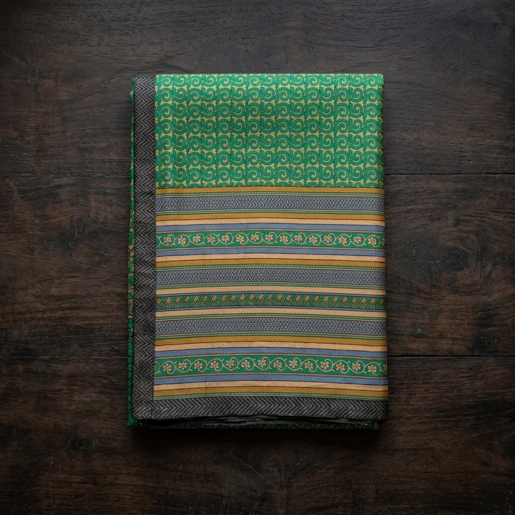 Sanskriti Vintage Green Pure Woolen Saree Spiral Print Sari Soft Craft 5Ydfabric